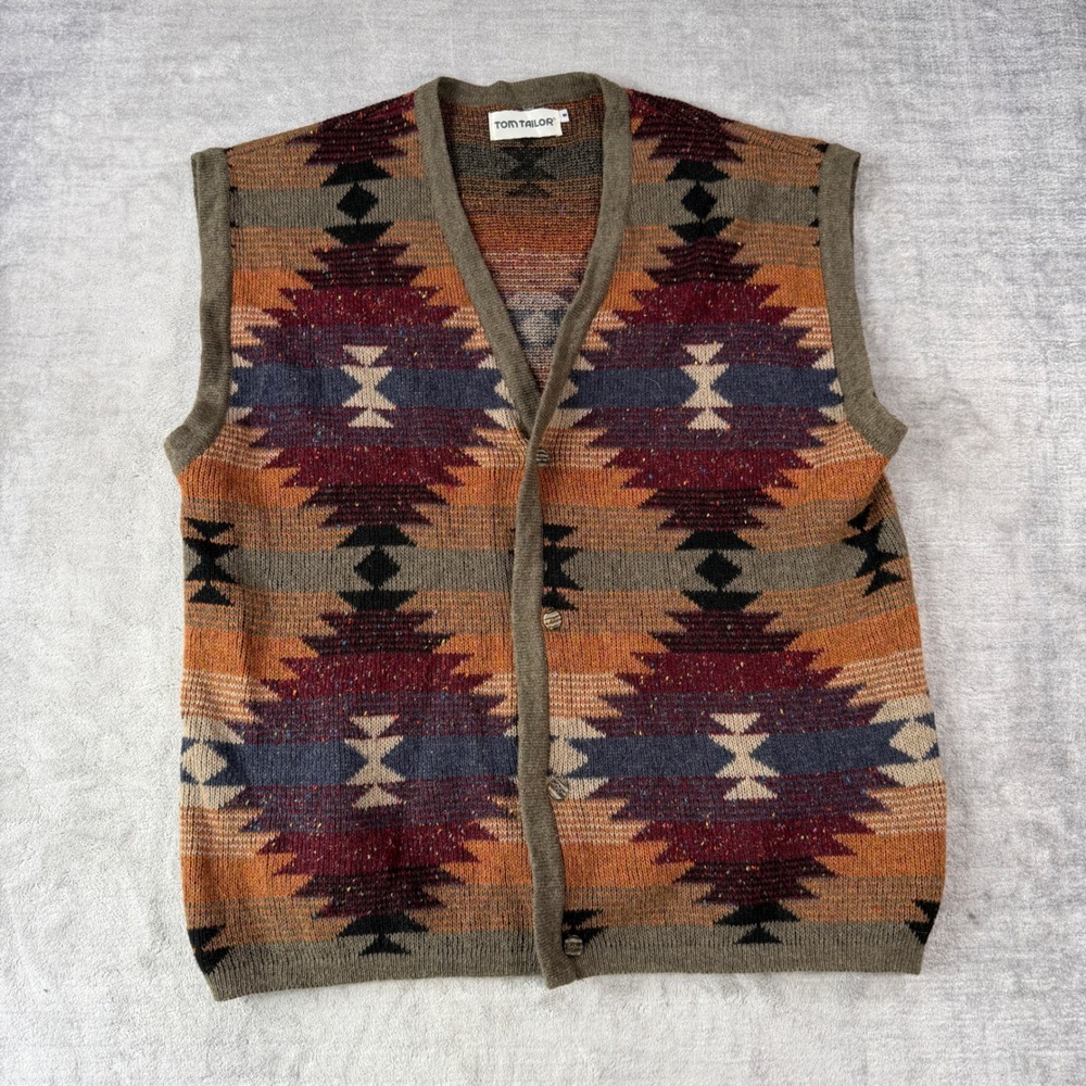 Vintage Tom Tailor Sweater Vest Mens Medium Brown Southwestern Aztec Knit
